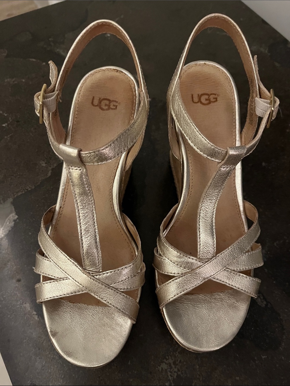 Ugg Melissa Metallic Gold Cork Wedge Sandals
